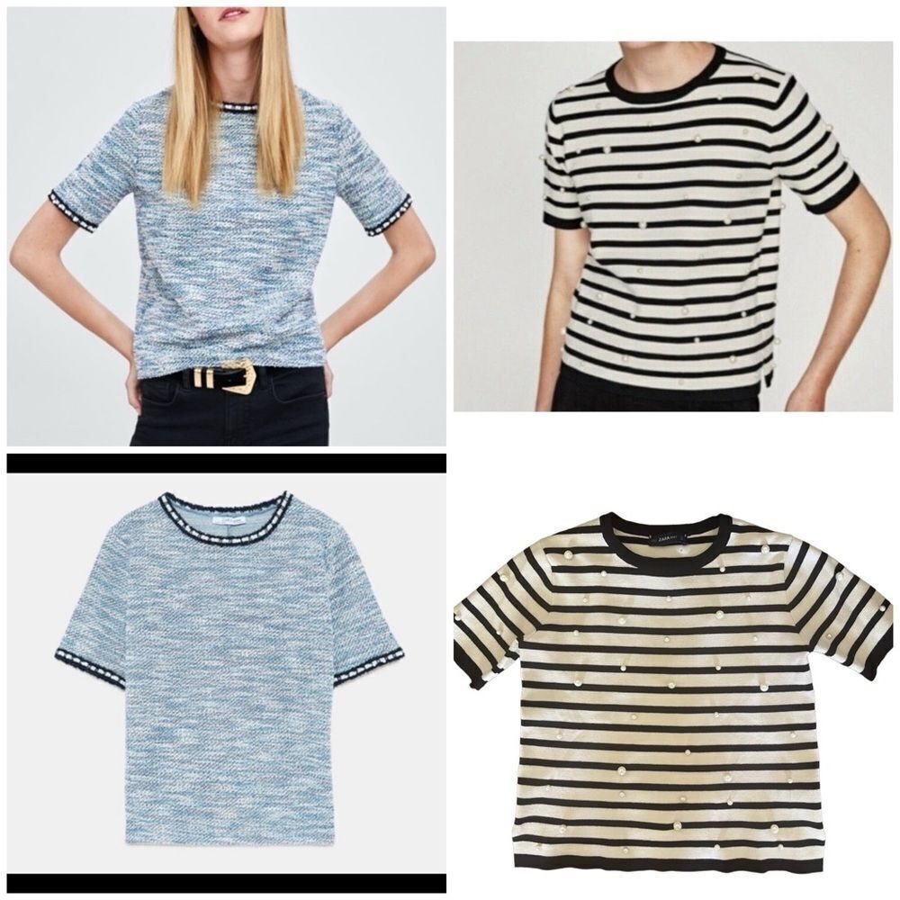 Zara bundle two short sleeve‎ embellished tops sz S striped black&cream and blue